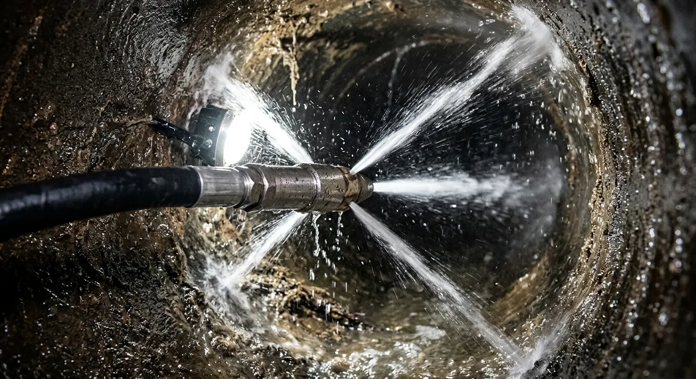 High-pressure hydro jetting nozzle cleaning sewer pipe for Trenchless Sewer Repair in Bethany