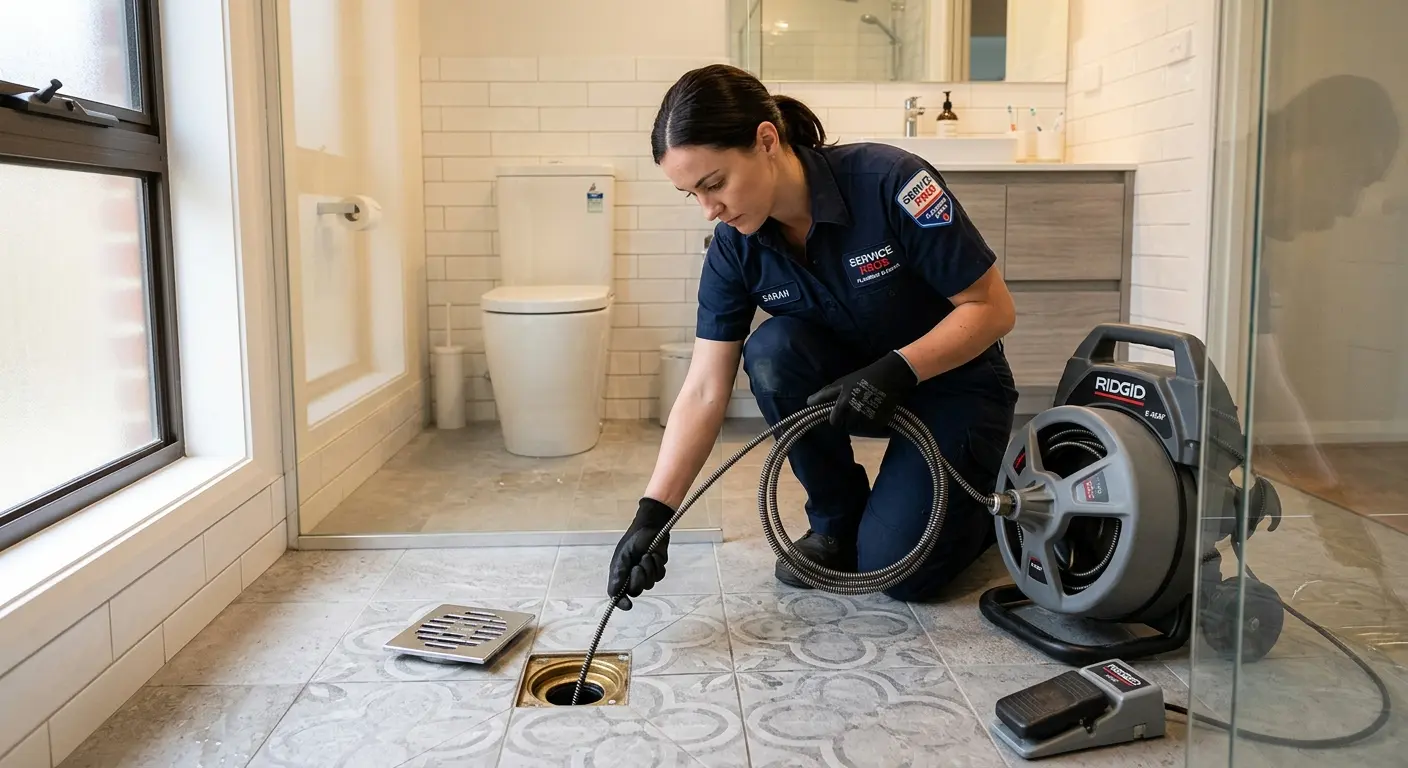 Technician clearing a bathroom floor drain for Drain Cleaning in Bethany